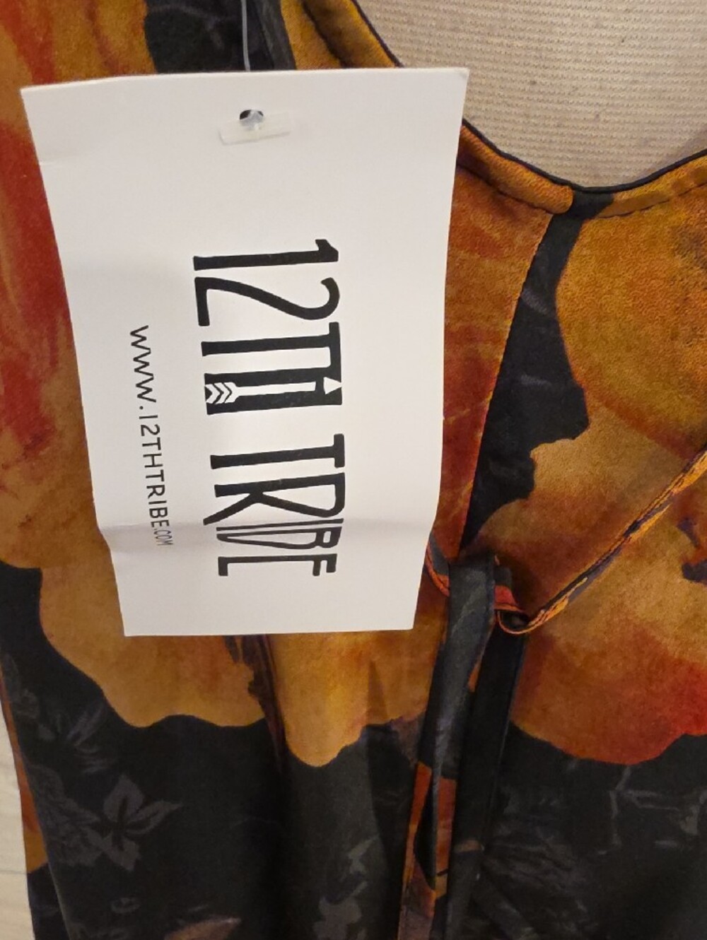 12th Tribe Black Maxi Dress w/Orange Floral Print & sexy tie back sizeL NWTS - Picture 8 of 12